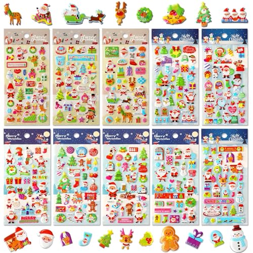 UPINS Christmas Stickers for Kids, 10 Sheets Holiday Stickers 3D Puffy Stickers Cute Snowman Reindeer Tree Santa Foam Stickers Decals for Christmas Party Favors Scrapbooking DIY Crafts