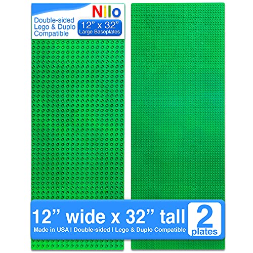 NILO Large Building Plates for Building Bricks, Classic Green Baseplate, 2-Pack 12"x32" Double-Sided, Compatible with All Major Building Blocks and Activity Tables, Base Plate