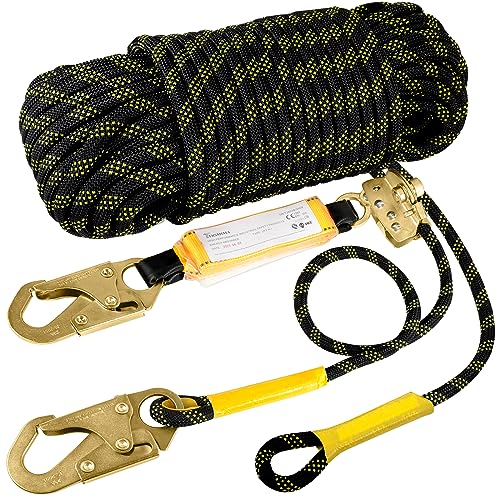 TRSMIMA Rope Harness Safety Lanyard：25ft Vertical Roofing Rope With Grab Snap Hooks Shock Absorber - Fall Protection Tree Climbing Line Kit Heavy Duty Roof Safety Equipment ANSI CE
