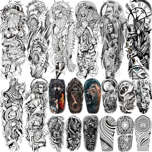 20 Sheets Black Zeus God Full Arm Temporary Tattoos For Men Adults, Egypt Judgement God Albis Snake Medusa Poseidon Fake Sleeve Tattoos For Women, Temp Bulk Halloween Tattoo Stickers Tribal Eye Beast