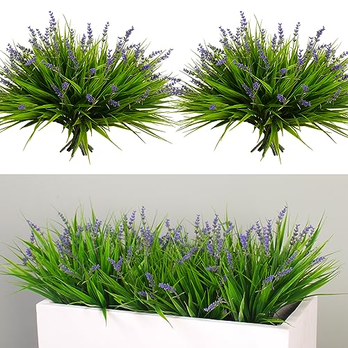 alyptus Artificial Flowers for Outdoors 24 Bundles Fake Monkey Grass Plants Outdoor Plastic Purple Flower Outside Green Leaf Decoration for Patio Pot Décor (24 Bundle Purple Flowers)