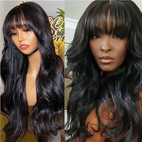 YOUNG BEAUTY Body Wave Wigs With Bangs 200% Density Body Wave Human Hair Wigs Brazilian Virgin Hair Glueless Full Machine Made Scalp Top Wigs For Black Women 22inch