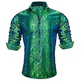 Barry.Wang Men Shirts,Paisley Flower Woven Silk Dress Shirt Green Teal Long Sleeve Formal/Leisure Wedding Party Prom St. Patrick's Day