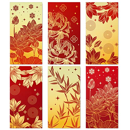 AnyDesign 48Pcs Chinese New Year Red Envelopes 6 Classic Design Red Gold Hong Bao Lotus Peony Floral Spring Festival Lucky Money Pocket for Party Wedding Chinese Lunar Year Supplies, Non-Foil Printing