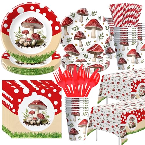 APOWBLS Mushroom Party Decorations Tableware, Mushroom Birthday Party Supplies, Paper Plate, Cup, Napkin, Disposable Cutlery, Tablecloth, Straws, Mushroom Baby Shower Decorations Dinnerware | Serve 24