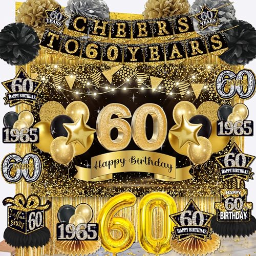 60th birthday decorations for men women,black gold cheers to 60 years banner,happy 60th birthday Backdrop,1965 Hanging Swirl,paper Poms,honeycomb centerpiece,60 Birthday Party Supplies for men woman