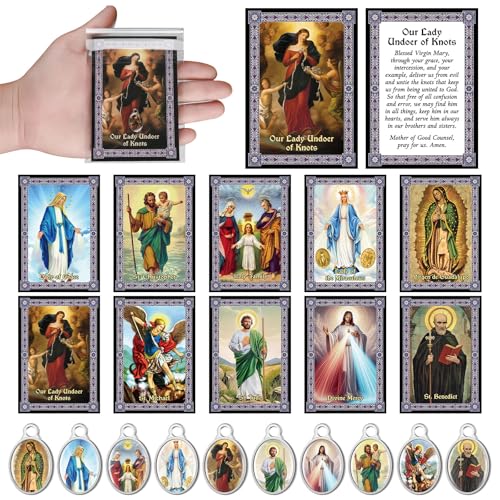 Cunno 300 Pcs 100 Sets Catholic Prayer Cards Sets Holy Catholic Medals Necklace Charms with Catholic Saints and Prayers Catholic Figure Pendant Religious Gifts for Women Men Christian Party