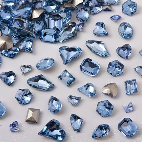 48 Pcs Big Mix Sizes Different Shape Nail Rhinestones 12 Styles 3D Glass Crystals Diamonds Love Distorts Heart Super Shiny Charms Gems Stones DIY Nail Art Decoration Craft Jewelry (Light Blue)