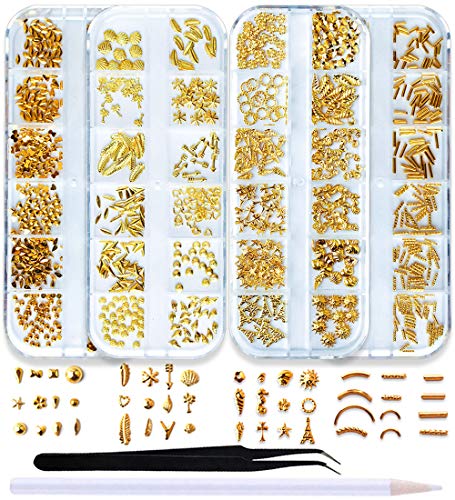 SILPECWEE 1200Pcs Gold Metal Nail Art Studs Set Feather Shell Nail Charm Flat-Back Nail Crystals Manicure 3d Decoration With 1Pc Tweezers 1Pc Picker Pencil