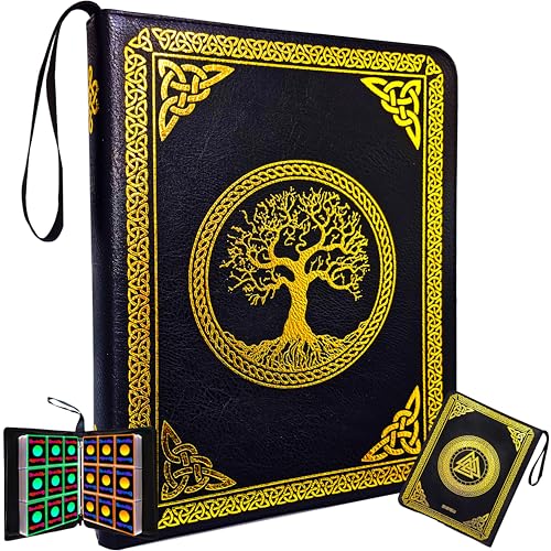 Bindablu 9 Pocket Card Binder - MTG Binder 900 Cards Collection Albums with 50 Removable Sleeves - Card Holder - Premium Vegan Leather - Gold Foil Celtic Runes