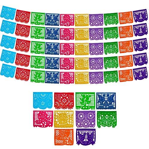 Mexican Party Banners (5 Pack with 10 Plastic Flags per Banner) - Papel Picado Mexicano Para Fiesta - Plastic Papel Picado - Fiesta Themed Party Decorations - Mexican Decor