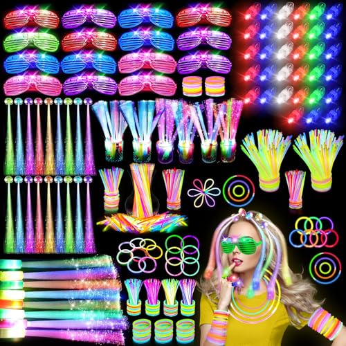 OLUPP 290 PCS Glow in the Dark Party Supplies, 200 Glow Sticks, 24 Fiber Optic Wands, 15 LED Glasses, 33 Finger Lights and 18 LED Hair Clips for Wedding, Birthday, Concert, Raves, New Year
