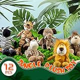 12 Pieces Safari Stuffed Animals 11.8 Inch Jungle Animal Toys Set for Boys Girls Plush Forest Lion Elephant Zebra Giraffe Tiger Monkey for Zoo Party Teacher Student Award (Cute Style)