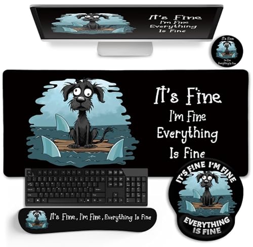 LIMKRIAN Funny Dog Mouse Pad Set Large Desk Mat With Wrist Rest for Gaming, Ergonomic Mousepad, Keyboard Mat, Cup Coaster Set, Office Accessories - It's Fine