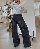 Lafaguw Women's Cargo Pants Low Waist Baggy Jeans Y2K Pocket Wide Leg Casual Trendy Streetwear Grunge Emo Clothes(Black1-M)