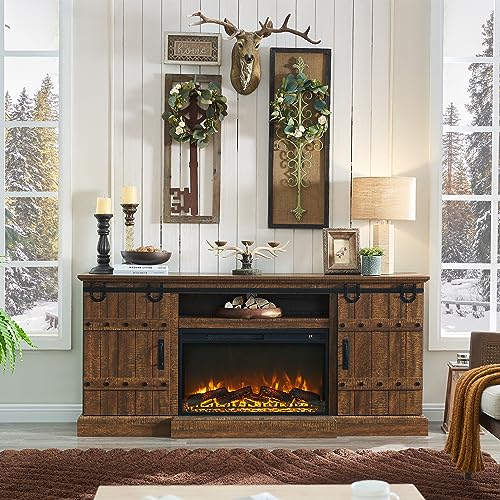 OKD Fireplace TV Stand for 75 80 Inch TV, Farmhouse Entertainment Center with Sliding Barn Doors, Rustic Media Console Table with Storage Cabinets for Living Room, Reclaimed Barnwood