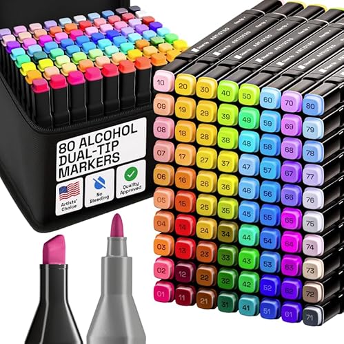 Alcohol Dual Tip Markers Set of 80 with No Bleed Ink, Bonus Case and Vibrant Fade-Resistant Colors, Art Supplies for Adult Coloring Books, Sketching, Manga, Drawing, Card Making (Fine & Chisel)