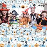 Halloween Happy Boo Day Party Decorations, 142Pcs Blue Halloween Decor Tableware Supplies Happy Boo Day Plates and Napkins,Cups,Banner,Tablecloth Happy Boo Day Decorations for Boy