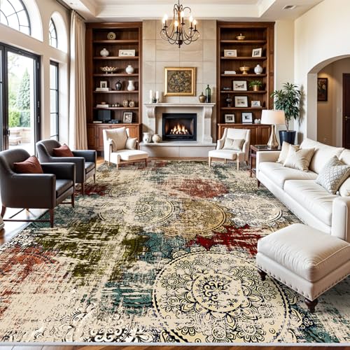BYYVOO 10x14 Living Room Area Rug - Modern Abstract Large Area Rugs Non-Slip Stain Resistant Carpets for Bedroom Soft Low Pile Rugs 10x14 Red Green Multi