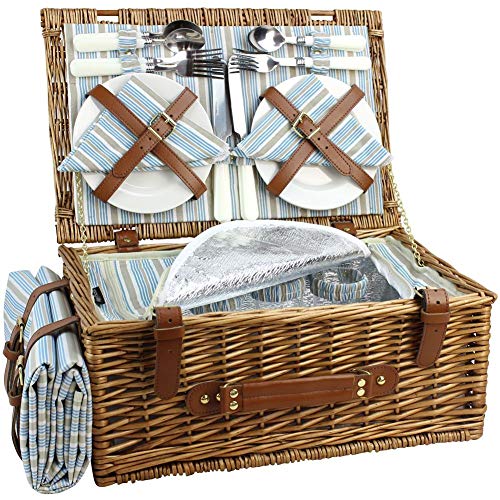 HappyPicnic Wicker Picnic Basket Set for 4 Persons | Large Willow Hamper with Large Insulated Cooler Compartment, Waterproof Blanket and Cutlery Service Kit-Classical Brown