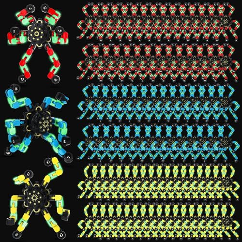 100 Pcs Funny Sensory Fidget Toy Bulk Transformable Chain Robot Finger Toys Fidget Spinners Stress Relief Fingertip Gyro Deformable Mechanical Spiral Twister Spinner for Adult Kids ADHD(Glow)