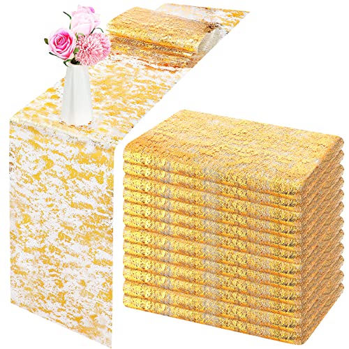 12 Pieces Gold Table Runner Metallic Thin Mesh Table Runner Roll 11 x 84 Inches Rectangle Glitter Runner for Wedding Baby Shower Birthday