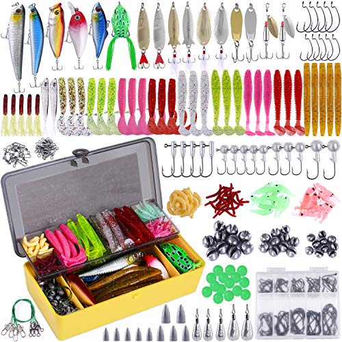 PLUSINNO Fishing Lures Baits Tackle Including Crankbaits, Spinnerbaits, Plastic Worms, Jigs, Topwater Lures Box and More Fishing Gear Lures Kit Set, 102/302Pcs
