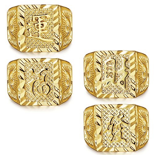 LOLIAS 4 Pcs Men's 18K Gold Plated Kanji Ring Set - Rich/Luck/Wealth - Adjustable Signet Ring