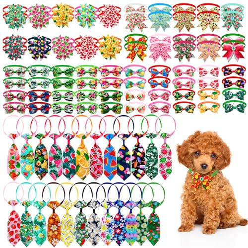 Mruq pet 100pcs Summer Dog Collar Bows Ties Set for Small Medium Dogs, Bulk Adjustable 80pcs Hawaii Fruit Floral Pattern Dog Bow Ties and 20pcs Dog Neck Ties for Dog Neck Grooming Accessories
