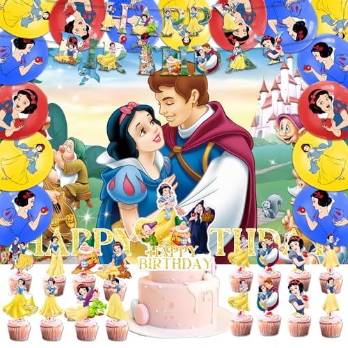 42pcs Snow-White Party Plates Supplies Pack Includes，Banner，Cake Topper，Blackdrop,Balloons for Snow-White party decoration