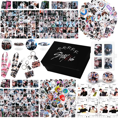Stray Kids Merch Gift Box Set Including 3 Styles 165 Postcards, 200 Stickers, 8 Transparent Cards, 2 Keychain, 2 Lanyards, 2 Badges, Photocard Holder and Phone Ring Holder for Fans Women