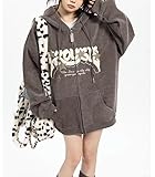 Sumleno Y2K Zip Up Hoodie Letter Print Star Graphic Grunge Hooded Corduroy Sweatshirt Jacket Oversized Retro Y2k Clothing (Gray,M)