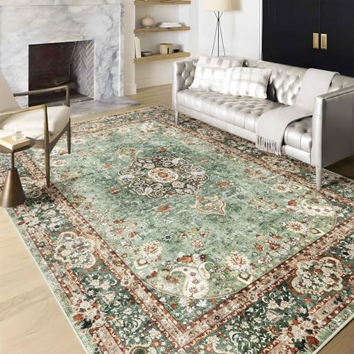 Castage 6x9 Area Rugs Washable,Green Rug for Living Room Bedroom Kitchen,Large Boho Vintage Bohemian Distressed Oriental Carpet Non Slip