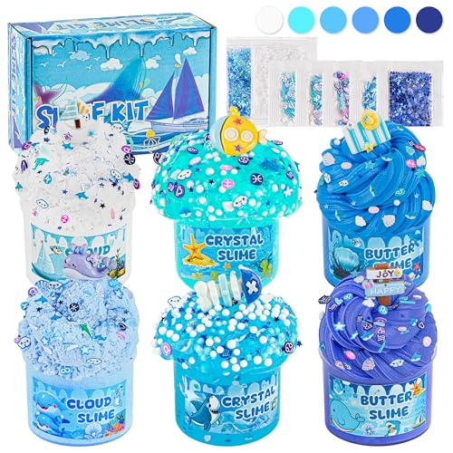 6 Packs Gradient Blue Slime Kit - Cloud, Butter & Clear, Crunchy for Kids With Various Add-ins, Non-Sticky Party Favors for Girls and Boys, 360ml (Ocean)