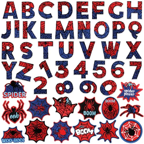 Wavwavw 50 Pcs Hero Spider Iron on Letters Embroidered Patches Applique Spiderweb Letter Sew on Hero Spider Iron on for Clothes Hats Backpacks Jackets Accessories