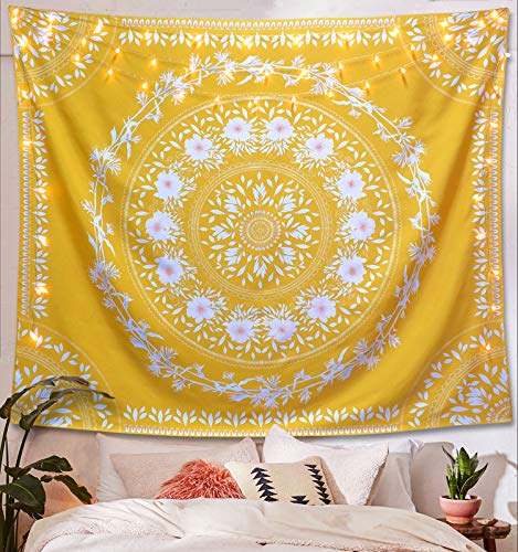 Lifeel Yellow Bohemian Tapestry Wall Hanging, Mandala Floral Medallion Hippie Tapestry with White Aesthetic Wreath Design, Gold Wall Decor Blanket for Bedroom Home Dorm,Large 68×80 inches