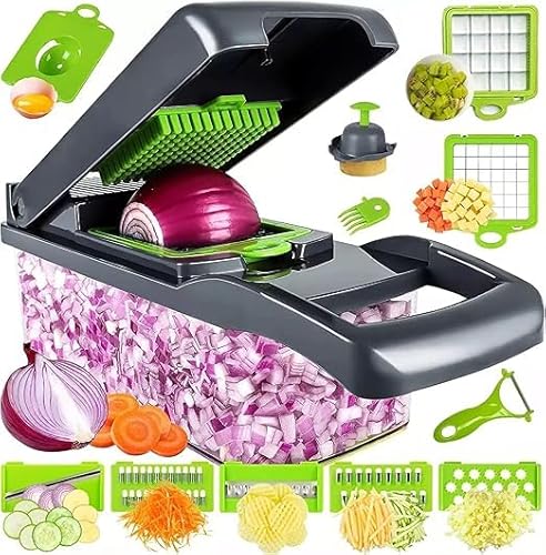 16-in-1 Vegetable Chopper and Slicer, Stainless Steel Blades, Food Container, Kitchen Gadget for Dicing and Slicing