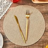 Mifoci 100 Pieces Fall Burlap Placemats, Burlap Round Reusable Placemats Brown Table Mats Circle Rustic Table Decorations for Wedding Christmas Dinner Holiday Farmhouse Supplies(13.78 Inches)