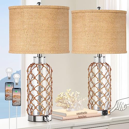 PARTPHONER Modern Coastal Table Lamp, Clear Glass Bottle Vase with Rope Netting and Burlap Drum Shade, 3-Way Dimmable Touch Control, 2 USB Charging Ports, 2 Free LED Bulbs Included