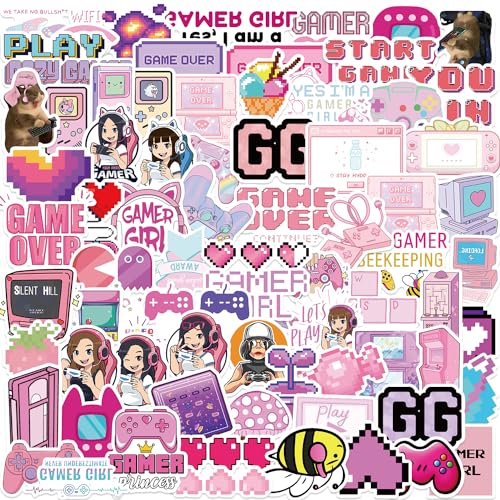 Uaitodee 100PCS Pink Game Stickers for Girls, 90s Gamer Girl, Video Game Kawaii for Kids Girls, Gamer Girl Gifts