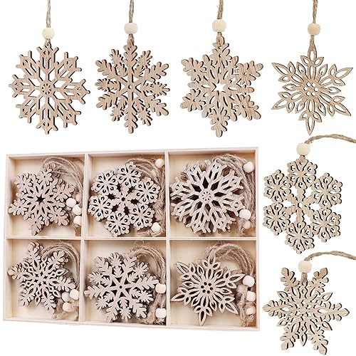 24 Pieces Wooden Christmas Snowflakes Ornaments 3inch Snow Flake Hanging Ornament for Rustic Christmas Tree Decoration Holiady Gift Crafts
