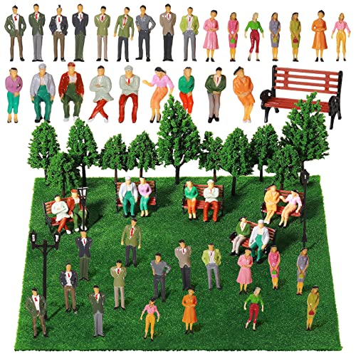 Sratte 55 Pcs Model Trains Scene Set, Architectural 1: 75 Scale Figures Accessories Include Mini People Miniature Lamps Mixed Model Trees Lawn for Diorama Supplies Micro Scene DIY