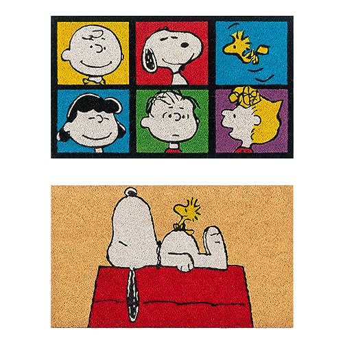 Gertmenian Peanuts Snoopy Coir Doormat - 2x3 Welcome Mat (2-Pack), Ideal for High Traffic Areas in Front Door, Garage, Entryway - House/Peanut Patch, 80003