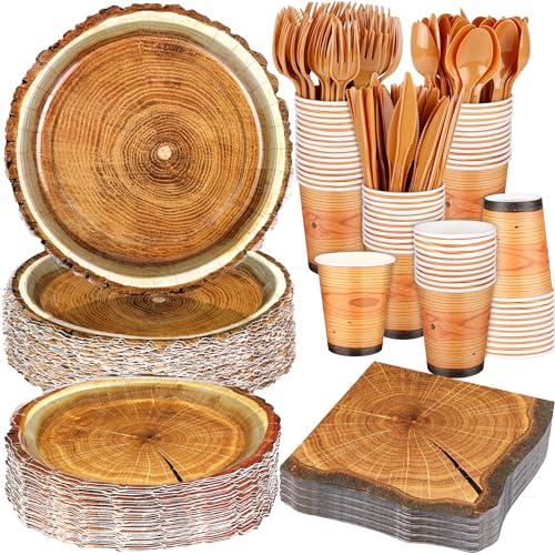 durony 350 Pieces Camping Wood Grain Slice Tableware Set Rustic Camo Hunter Plates Napkins Cups Cutlery Hunting Birthday Party Decorations Lumberjack Dinner Camping Party Decorations Serve 50 Guests