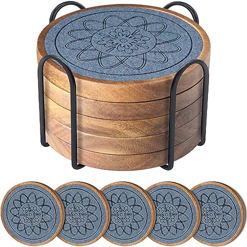 EDEGG 5 Pack Absorbent Coasters for Coffee Table with Holder, Wood Coasters with Felt Pads, Non-Slip, Non-Stick, Suit for Kinds of Cups 4.3 inch (Gray)
