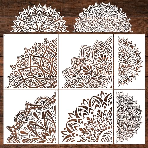 Sitsink Large Mandala Stencils for Painting - 6 Pcs Rangoli Stencils for Painting on Walls, Reusable Fabric Painting Stencils Bohemian Mandala Template Stencils for Painting Large Pattern