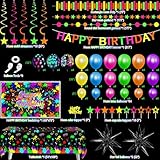 Neon Birthday Party Decoration Glow in The Dark Party Supplies Happy Birthday Backdrop Banner Neon Fluorescent Balloons Garland Arch Star Hanging Swirl Black Light Reactive Glow Tape Neon Streamer