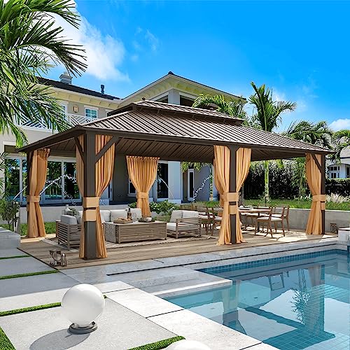 MELLCOM 12'x20' Hardtop Gazebo, Metal Double Roof Aluminum Gazebos with Curtain and Netting,Brown Permanent Galvanized Steel Pavilion for Patio, Lawn & Deck