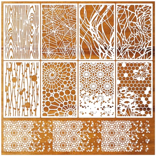 8 Pieces Stencils for Crafts Reusable Texture Spider Stencils Net Wood Grain Stone Spray Paint Layering Stencil Templates for DIY Scrapbook