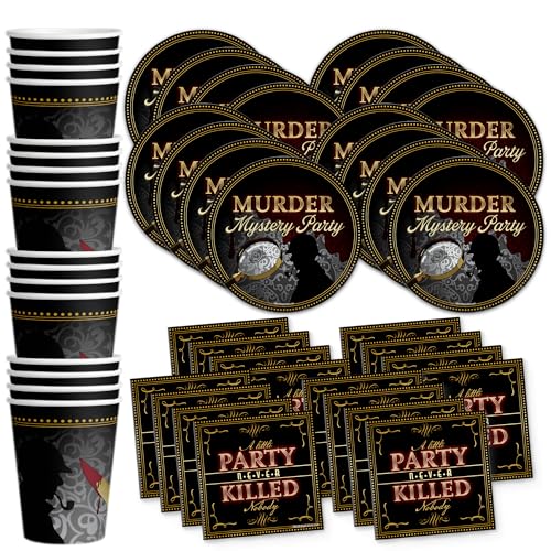 Murder Mystery Themed Party Supplies - Adult Birthday Supplies - Tableware Set Includes Plates Napkins Cups - Kit for 16